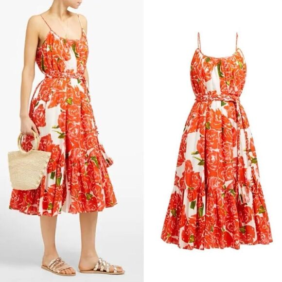 NEW RHODE  Lea Floral-Print Tiered Cotton-Poplin Dress in Red White roses - Picture 1 of 11